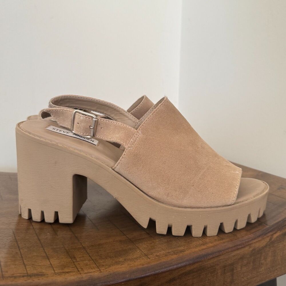 Steve Madden Platform Sandals Size 11 Nude Beige Chunky Heel Slingback Shoes